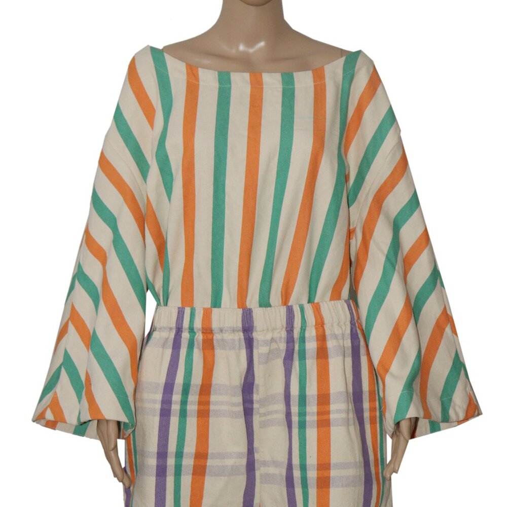 Free People Free Est The Tone Set Striped Printed Oversized Top Shorts XL - Picture 3 of 11